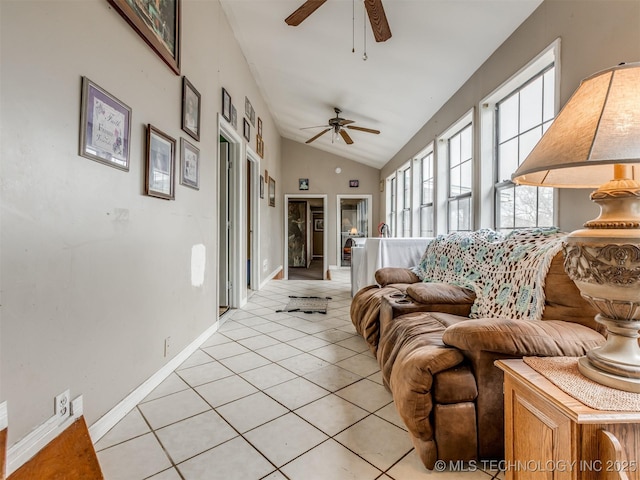 35575 W 87th Pl S, Mannford, OK 74044 - living area with baseboards, a ceiling fan, light tile patterned floors, and vaulted ceiling