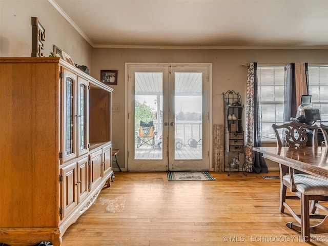 35575 W 87th Pl S, Mannford, OK 74044 - doorway with ornamental molding, french doors, and light wood-style floors