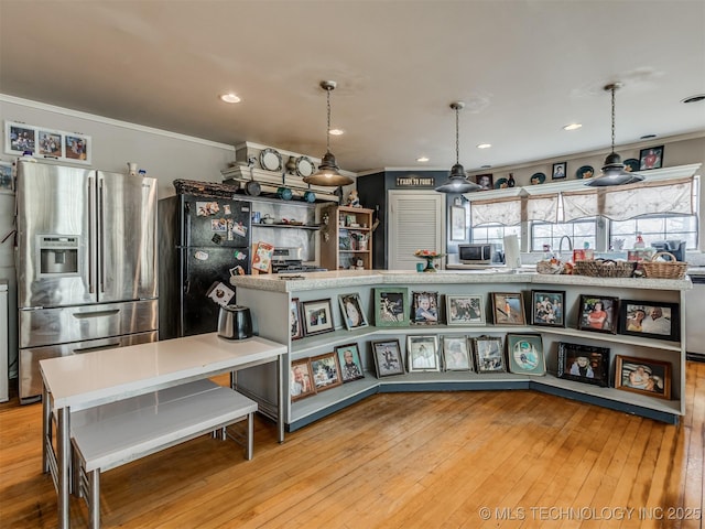 35575 W 87th Pl S, Mannford, OK 74044 - kitchen featuring open shelves, light countertops, stainless steel appliances, decorative light fixtures, and ornamental molding