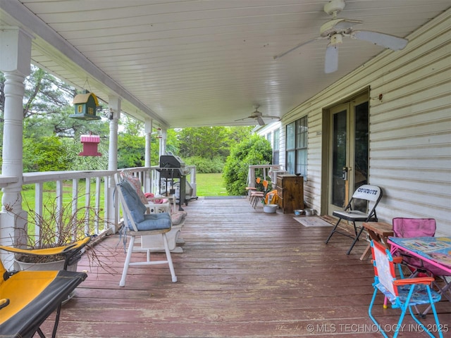 35575 W 87th Pl S, Mannford, OK 74044 - wooden terrace featuring grilling area, a ceiling fan, and a porch