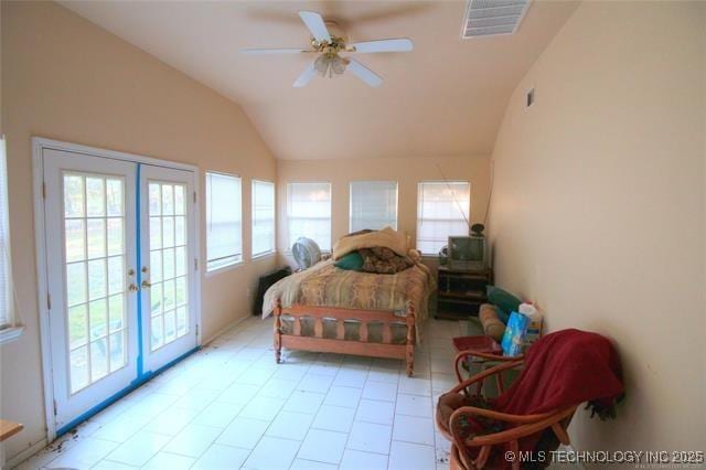 6786 Red Oak, Kingston, OK 73439 - bedroom featuring french doors, lofted ceiling, visible vents, and access to outside