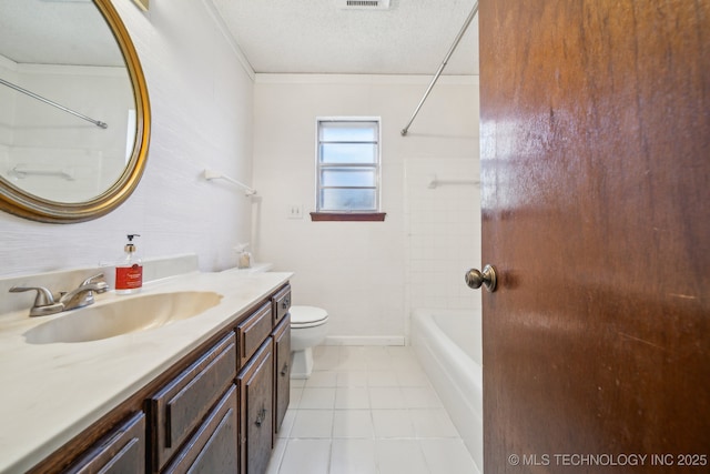 bathroom with vanity, visible vents, a textured ceiling, tile patterned floors, and toilet