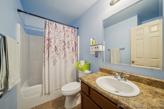 full bath with toilet, shower / tub combo with curtain, and vanity