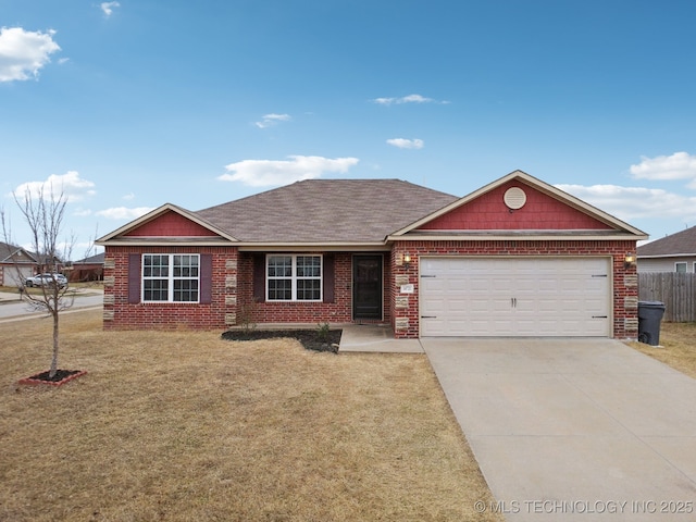 ranch-style house featuring driveway, a front lawn, an attached garage, a shingled roof, and brick siding