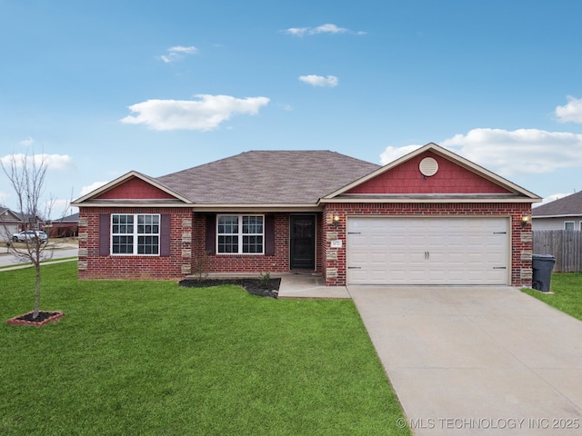 ranch-style house featuring brick siding, a shingled roof, a front lawn, concrete driveway, and an attached garage