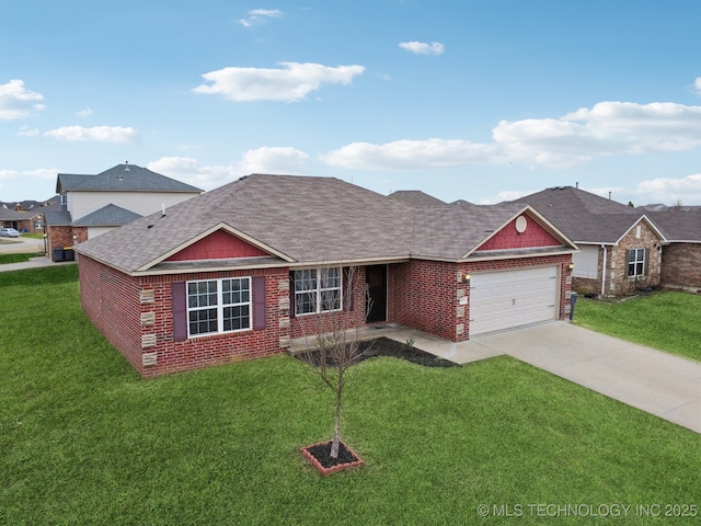 single story home featuring brick siding, an attached garage, driveway, and a front lawn