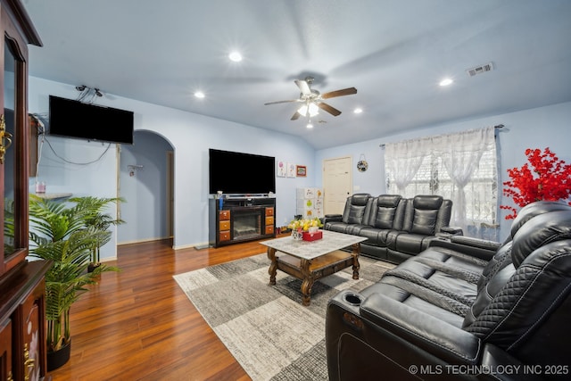 living room with recessed lighting, visible vents, wood finished floors, and a ceiling fan