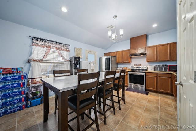 dining area featuring vaulted ceiling, a notable chandelier, recessed lighting, and visible vents