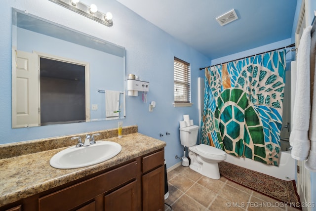 full bath featuring tile patterned floors, visible vents, toilet, shower / tub combo with curtain, and vanity