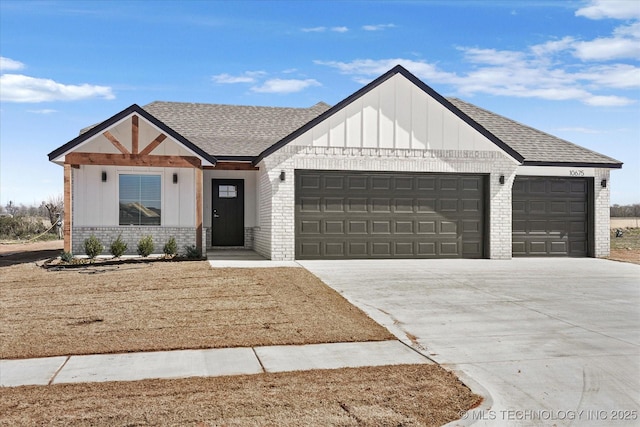 modern farmhouse style home featuring a garage, brick siding, roof with shingles, and concrete driveway