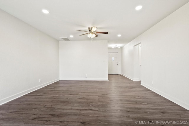 unfurnished room with recessed lighting, visible vents, dark wood-type flooring, and ceiling fan