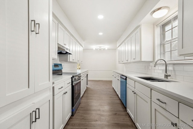 kitchen featuring under cabinet range hood, dishwasher, stainless steel range with electric cooktop, white cabinets, and a sink