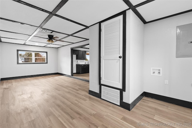 unfurnished room featuring electric panel, visible vents, light wood-type flooring, and ceiling fan