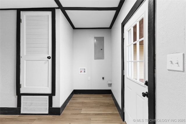 laundry area featuring visible vents, hookup for an electric dryer, laundry area, electric panel, and washer hookup