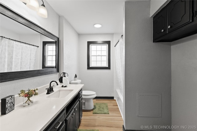 full bath featuring vanity, toilet, wood finished floors, and baseboards