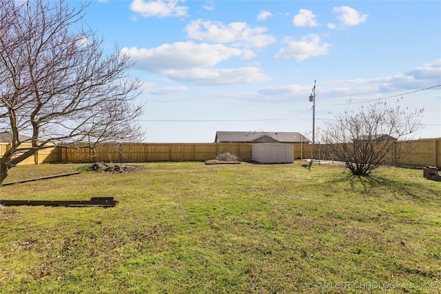 view of yard featuring an outdoor structure, a storage unit, and a fenced backyard