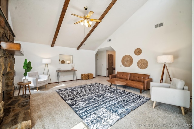 carpeted living room with visible vents, beamed ceiling, high vaulted ceiling, and a ceiling fan