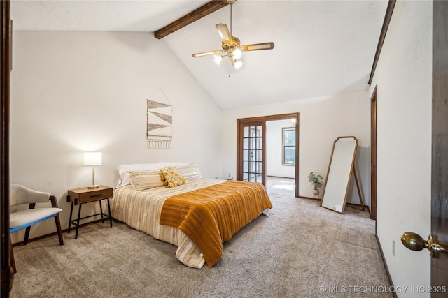 bedroom with a ceiling fan, carpet, and vaulted ceiling with beams