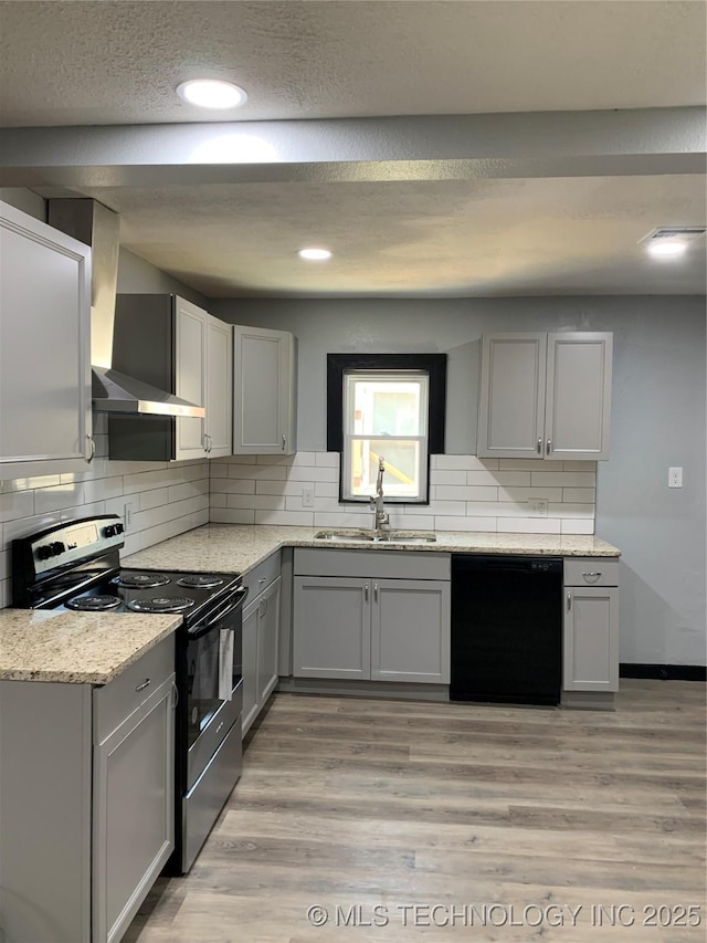 kitchen featuring electric range, black dishwasher, gray cabinetry, and a sink