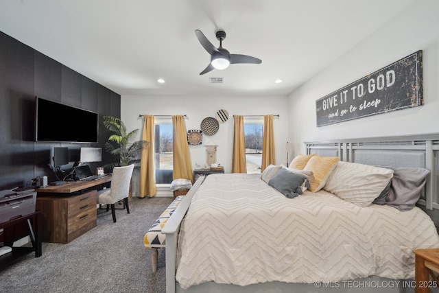 bedroom featuring a ceiling fan, recessed lighting, carpet, and visible vents