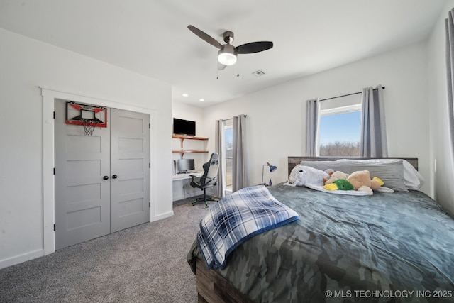 carpeted bedroom with recessed lighting, a ceiling fan, visible vents, and baseboards