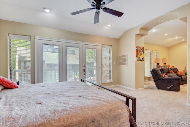 bedroom featuring access to exterior, baseboards, carpet, vaulted ceiling, and recessed lighting