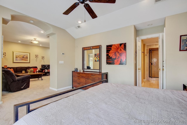 bedroom with visible vents, carpet floors, recessed lighting, ceiling fan, and vaulted ceiling