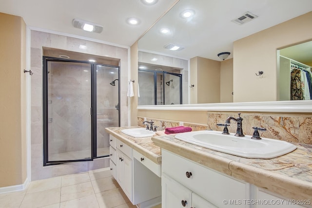 full bathroom with visible vents, a stall shower, tasteful backsplash, tile patterned flooring, and vanity