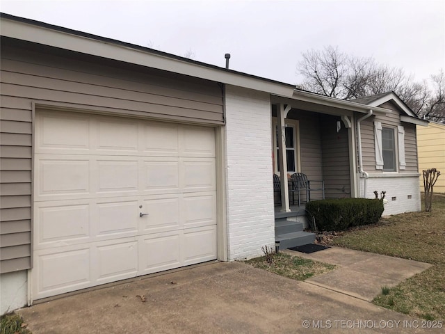 ranch-style house with an attached garage, brick siding, covered porch, and driveway