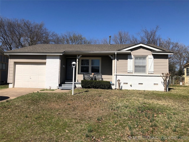 single story home featuring driveway, a porch, an attached garage, a front lawn, and crawl space