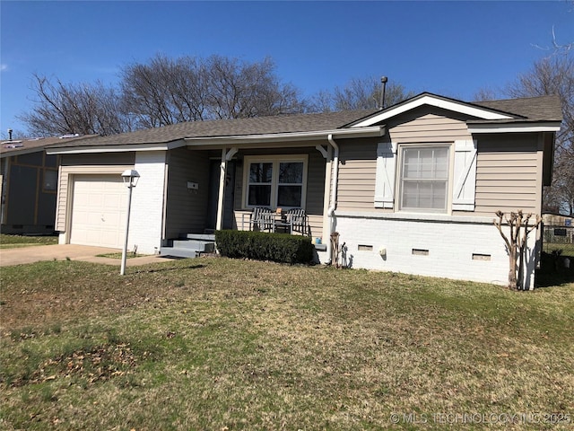 view of front facade featuring a front yard, driveway, an attached garage, covered porch, and crawl space