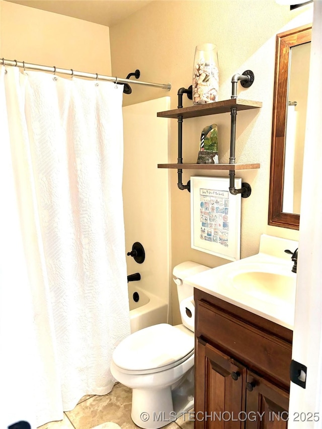 full bath with vanity, shower / bath combination with curtain, and toilet