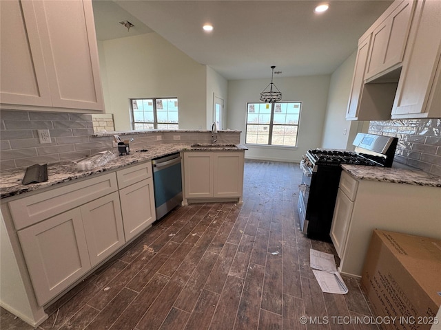 kitchen featuring a sink, a peninsula, stainless steel gas range, dishwashing machine, and dark wood-style flooring