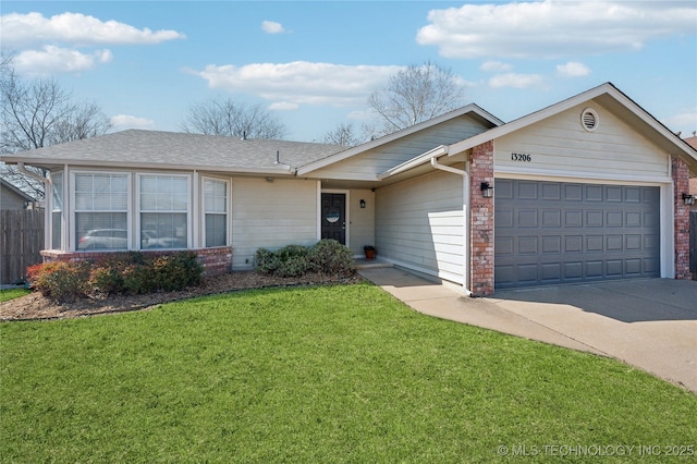 single story home featuring fence, driveway, roof with shingles, a front lawn, and a garage