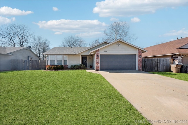 ranch-style house with driveway, fence, a front yard, a garage, and brick siding