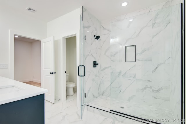 full bathroom featuring a marble finish shower, visible vents, toilet, recessed lighting, and marble finish floor