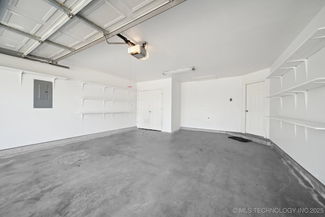 garage with electric panel and a garage door opener