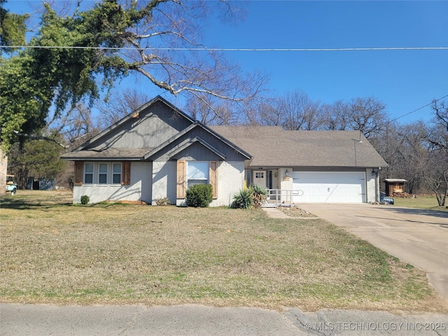 single story home featuring brick siding, driveway, a front lawn, and a garage