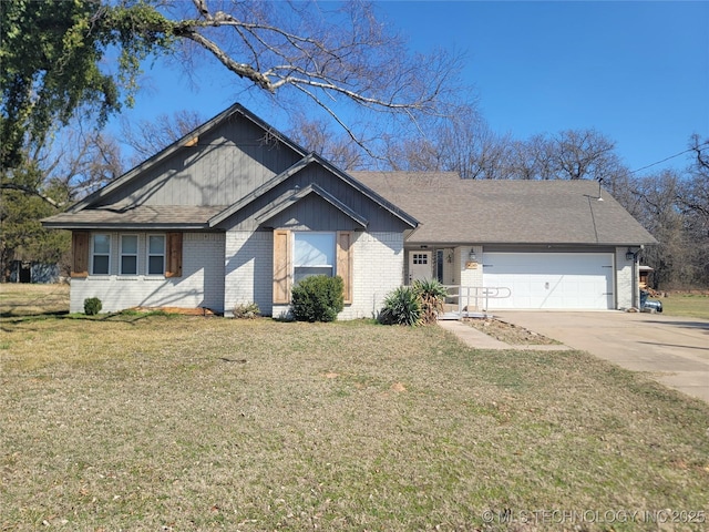 view of front of house featuring driveway, a front lawn, an attached garage, a shingled roof, and brick siding