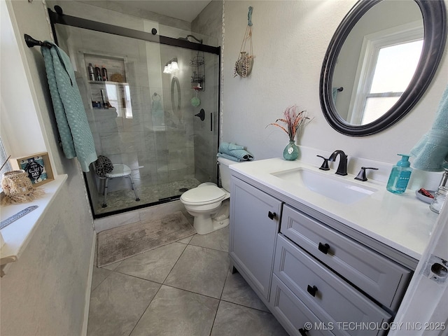 bathroom with tile patterned floors, a shower stall, vanity, and toilet