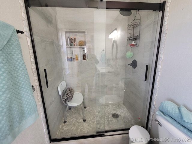 full bathroom with a shower stall and toilet