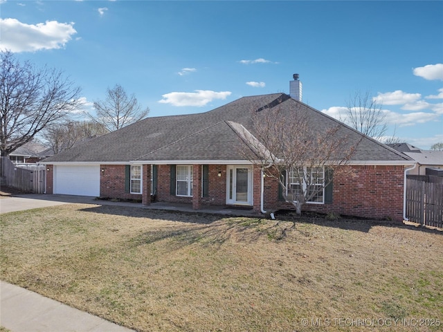 ranch-style house featuring brick siding, a chimney, driveway, and fence