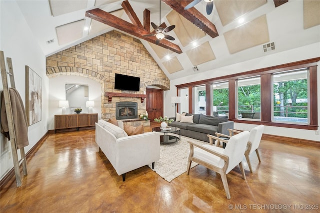 1721 E 136th Pl S, Bixby, OK 74008 - living room featuring high vaulted ceiling, a ceiling fan, beamed ceiling, baseboards, and a stone fireplace
