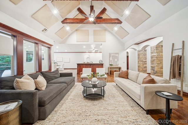 1721 E 136th Pl S, Bixby, OK 74008 - living room with wood finished floors, high vaulted ceiling, a ceiling fan, and beamed ceiling