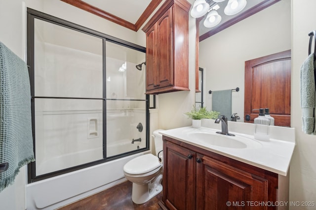 1721 E 136th Pl S, Bixby, OK 74008 - bathroom with vanity, shower / bath combination with glass door, and ornamental molding