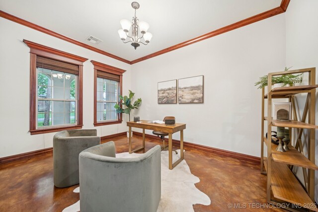 1721 E 136th Pl S, Bixby, OK 74008 - office featuring a chandelier, concrete floors, and ornamental molding