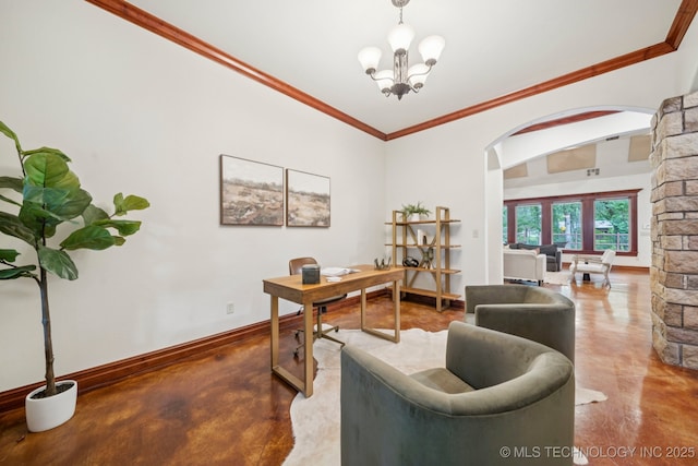 1721 E 136th Pl S, Bixby, OK 74008 - office with concrete floors, arched walkways, a chandelier, and ornamental molding