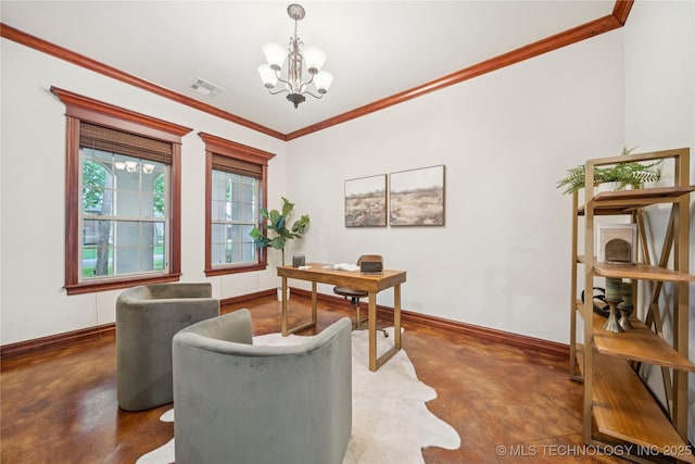 1721 E 136th Pl S, Bixby, OK 74008 - office space with a chandelier, baseboards, concrete floors, and ornamental molding