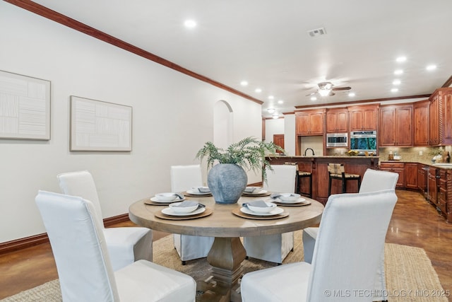 1721 E 136th Pl S, Bixby, OK 74008 - dining space featuring crown molding, recessed lighting, and a ceiling fan