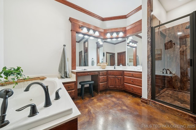 1721 E 136th Pl S, Bixby, OK 74008 - bathroom with concrete floors, ornamental molding, a jetted tub, vanity, and a shower stall